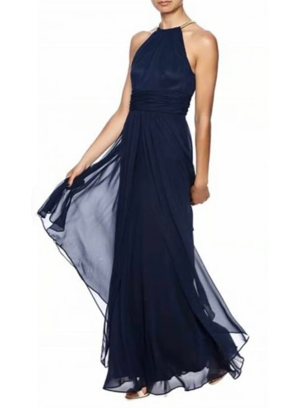 Eliza J Navy Blue Gold Grecian Halter Layered Sleeveless Maxi Dress Gown